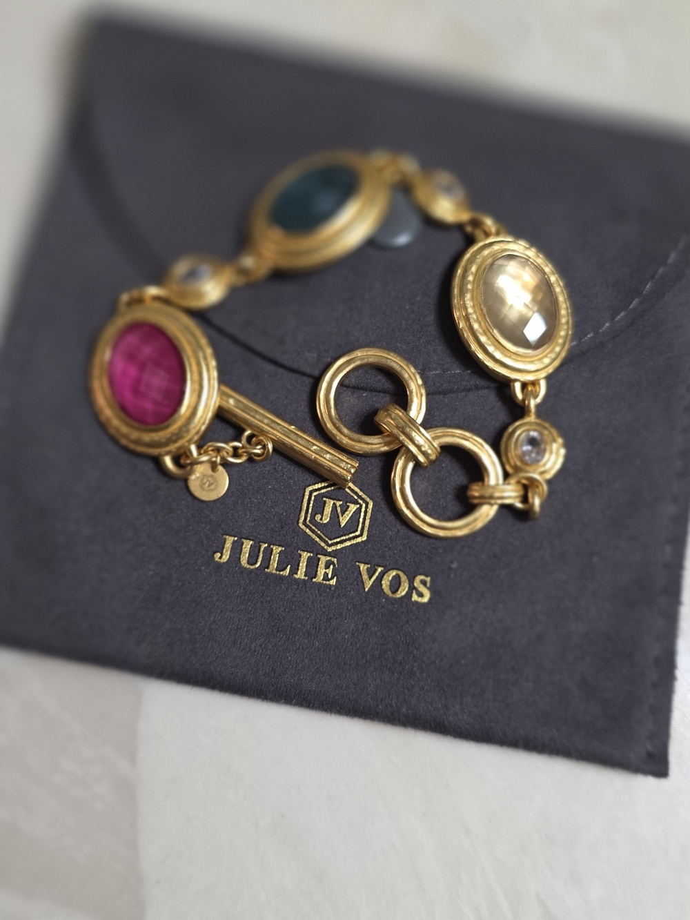 Julie Vos Gold Bracelet with Pink, Teal and Champagne Cabochons